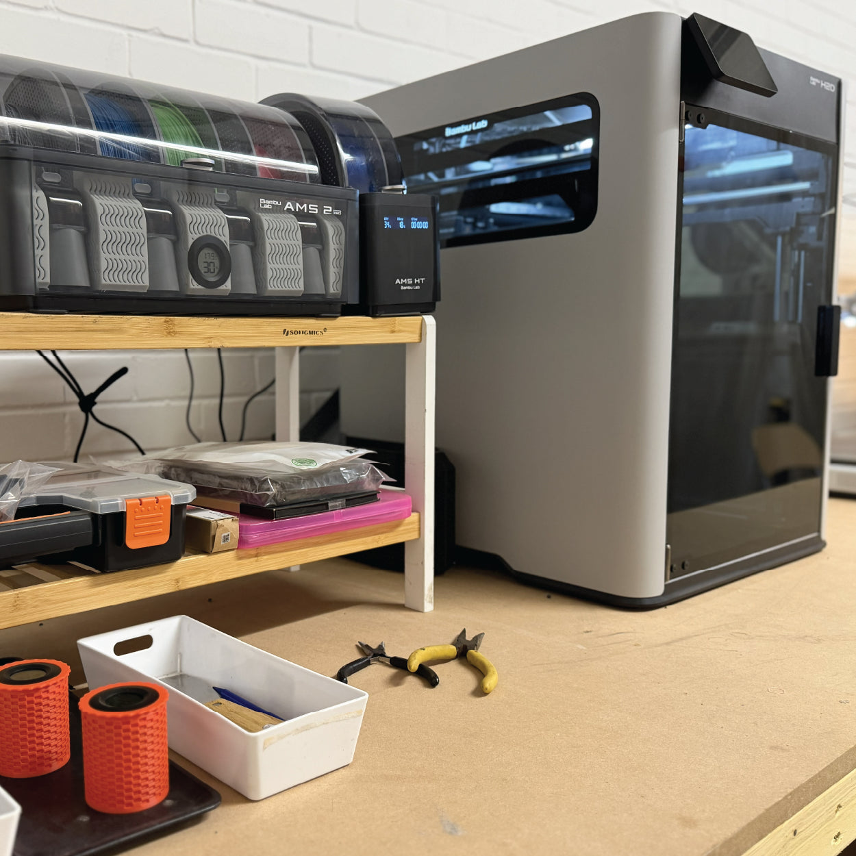 Bambu labs H2D and AMS filament loader in Cobblestone Creative workshop in Edinburgh.